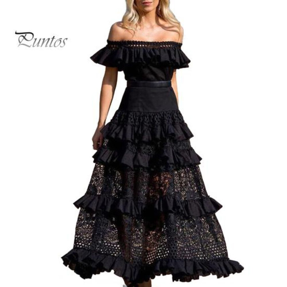 (black, L) Lady Bandeau Dress Hollow Out Off Shoulder Patchwork Flower Embroidery Maxi Dress Ruffle Lace Prom Party Wedding Dress