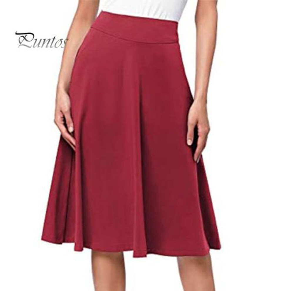 (XXXL, wine red) Women Knitting Skirt Elastic High-Waisted Solid Color Knee-Length Skirt Breathable A-Line Skater Skirt