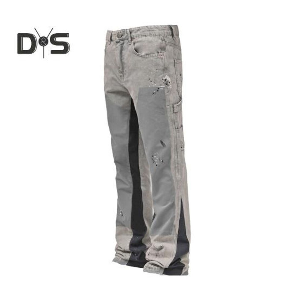 (light grey, L) Men's Baggy Bell-bottom Jeans Elastic Denim Casual Work Pants Vintage Patchwork Flared Trousers For Casual Wear Travel Work