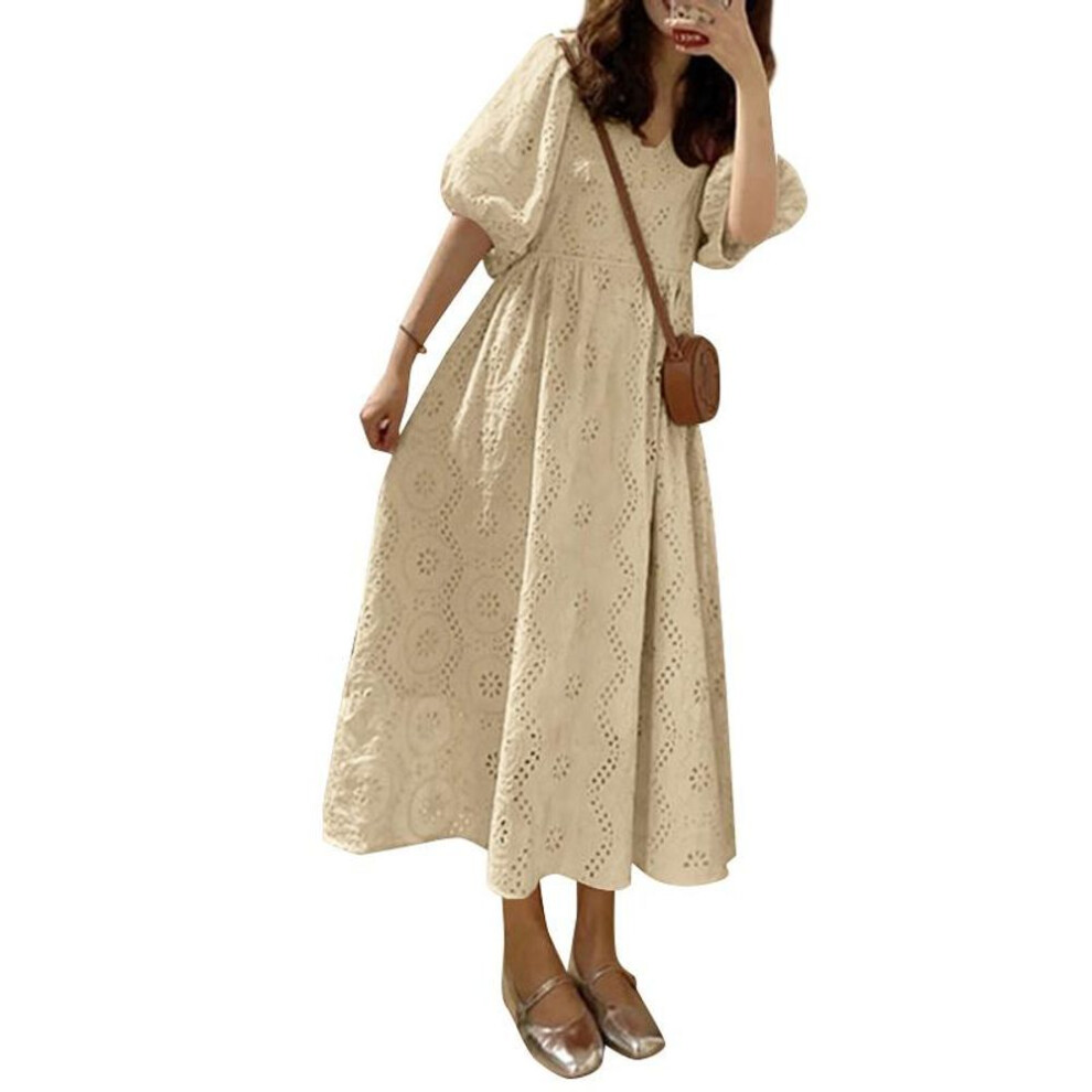 (beige, L) ZANZEA Women Casual V-Neck Loose Half Sleeve Lace Crochet Patchwork Dress