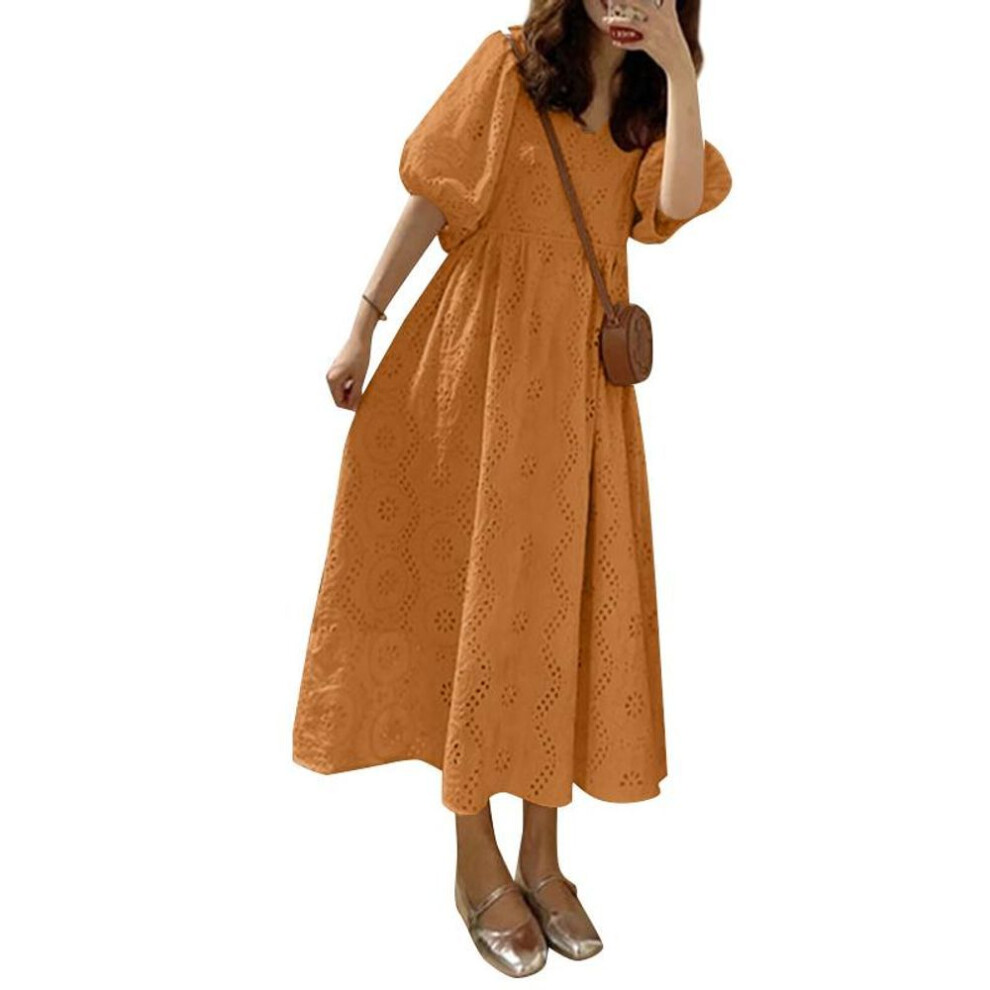 (orange, XL) Zanzea Women Casual V-neck Loose Half Sleeve Lace Crochet Patchwork Dress