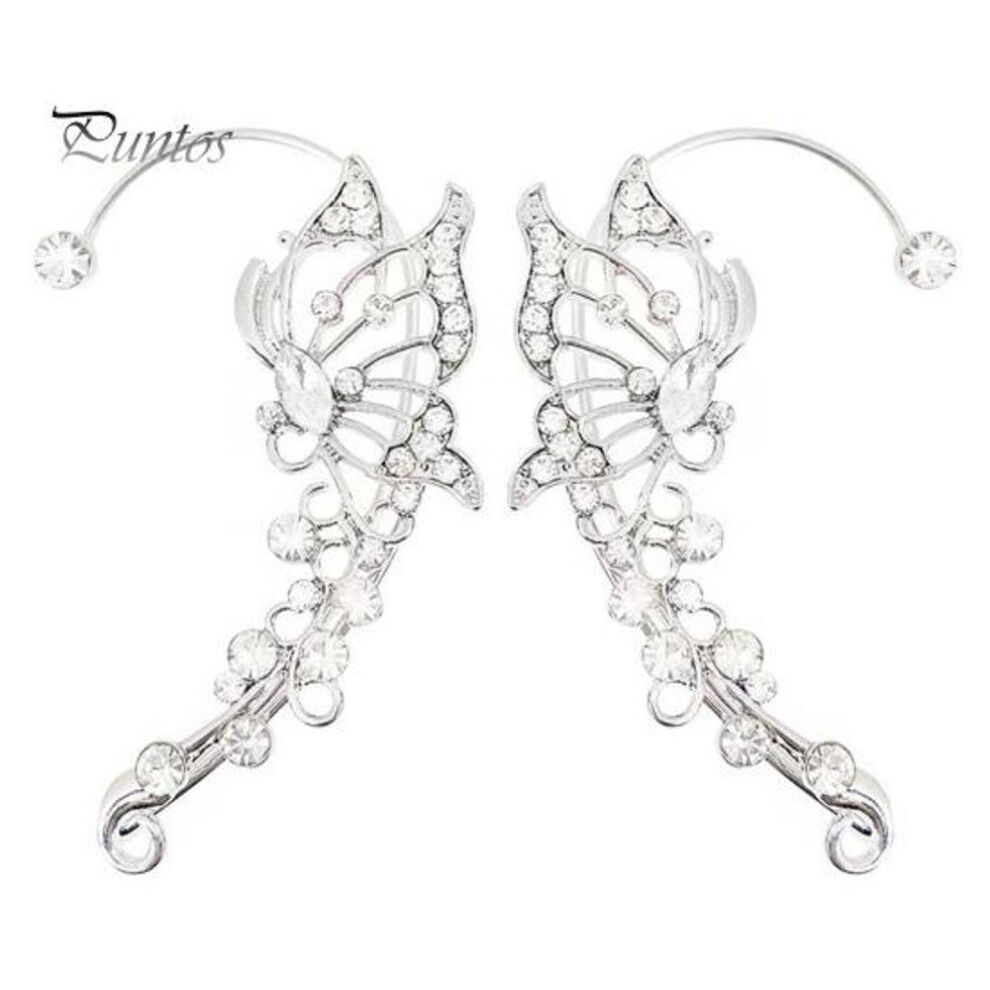 (silver) 1 Pair Women Prom Ear Cuffs Non-pierced Ear Clips Butterfly Wings Rhinestone Earrings Anti-slip Lightweight Bride Earrings For Wedding Party Cocktail