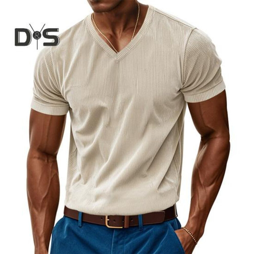 (apricot, XL) Men's V-neck Corduroy T-shirt Summer Ribbed Knit Tee Shirt Short Sleeve Casual Business Top For Work Vacation Street