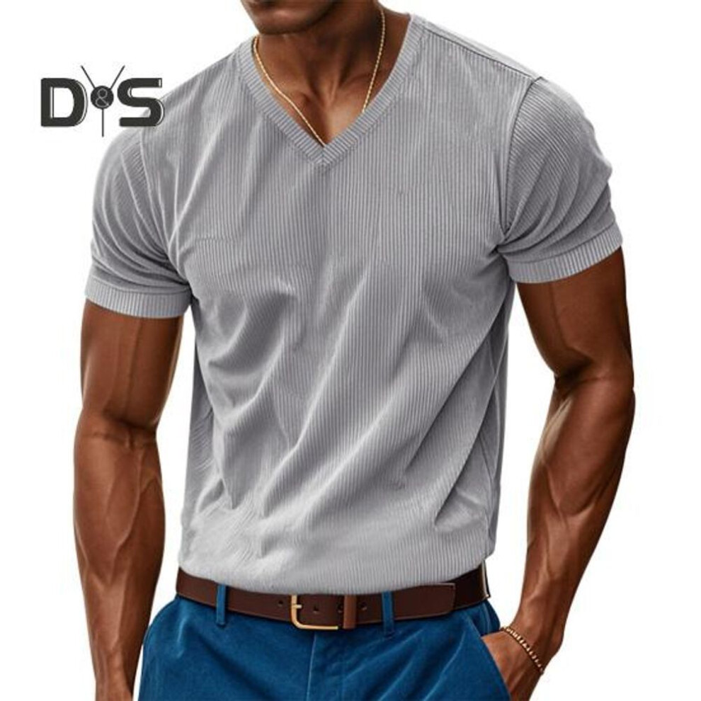 (grey, XXL) Men's V-neck Corduroy T-shirt Summer Ribbed Knit Tee Shirt Short Sleeve Casual Business Top For Work Vacation Street