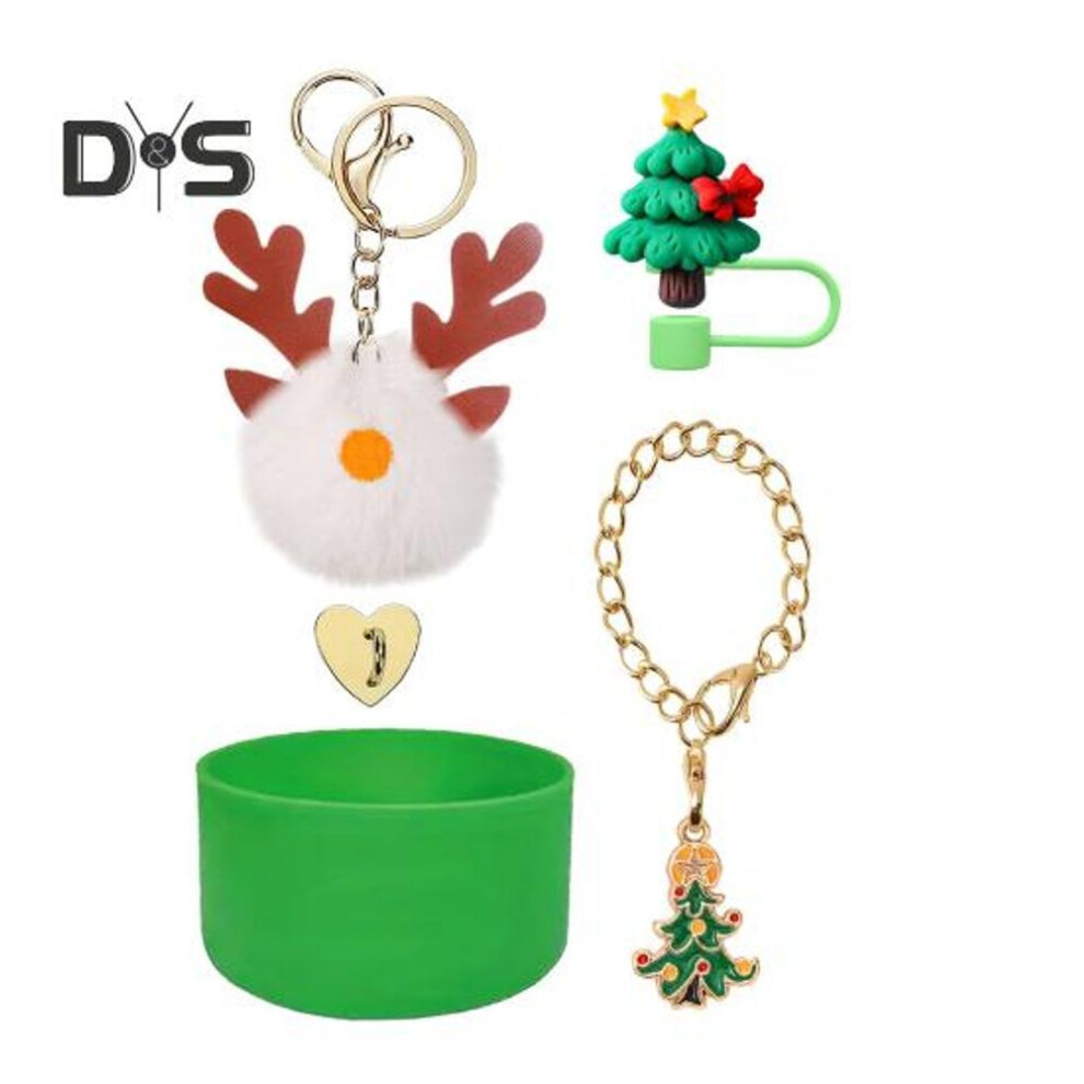 (as the picture, A) 5pcs Christmas Cup Accessories Set For 30/40oz Tumbler Silicone Straw Cover Handle Strap Cup Boot Elk Tree Charms Eco-friendly Reusable Accessories