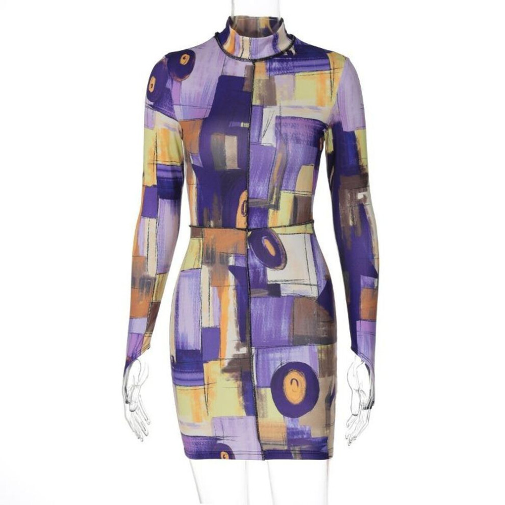 (yellow, L) Spring Women's Short Dress Fashion Oil Painting Print Long-sleeved High-neck Wrap Hip Dress