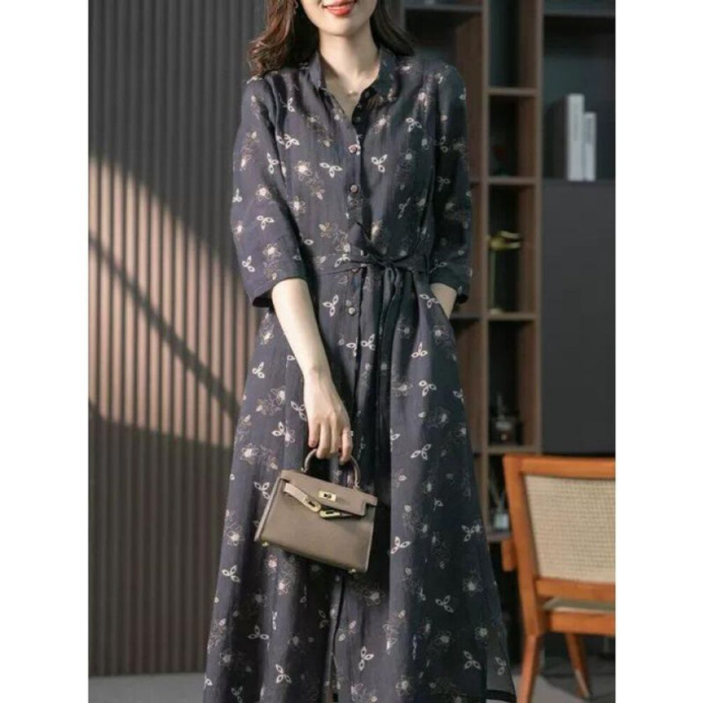(black, M) 2025 Spring And Summer Korean Version Of The New Medium And Long Loose Lace-up Waist Thin Floral Ramie Shirt Skirt, Women