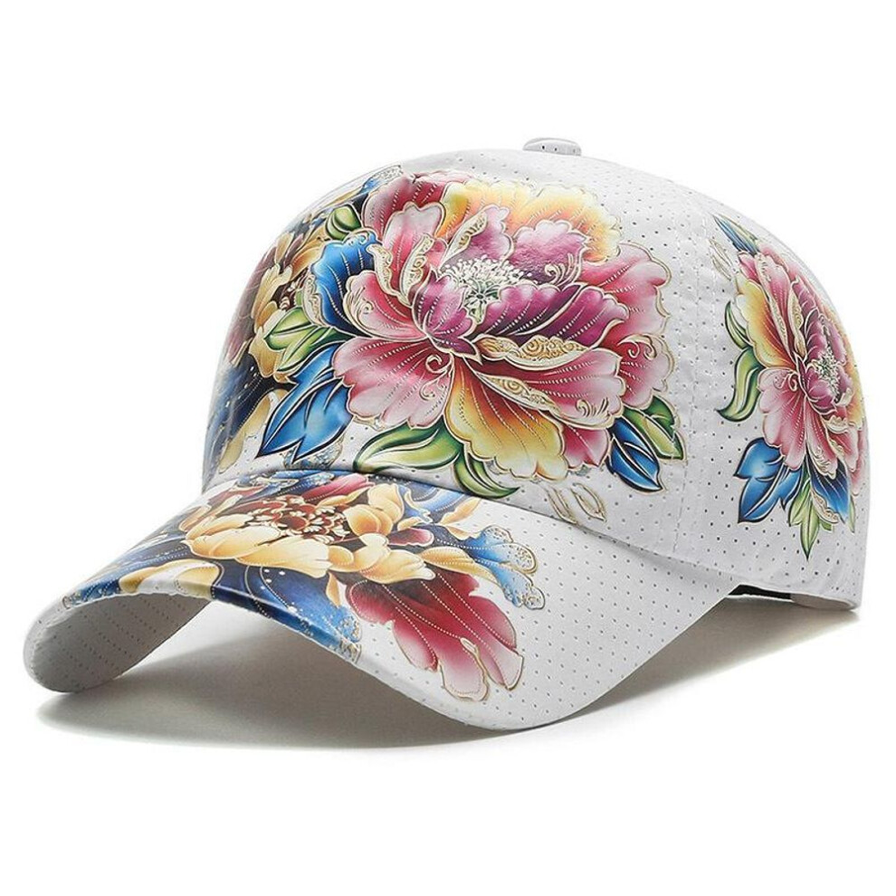 (white, 56cm-60cm) Fashion Women's Summer Cap Floral Print Streetwear Breathable Cap Female Baseball Cap With Flowers And Plants Design