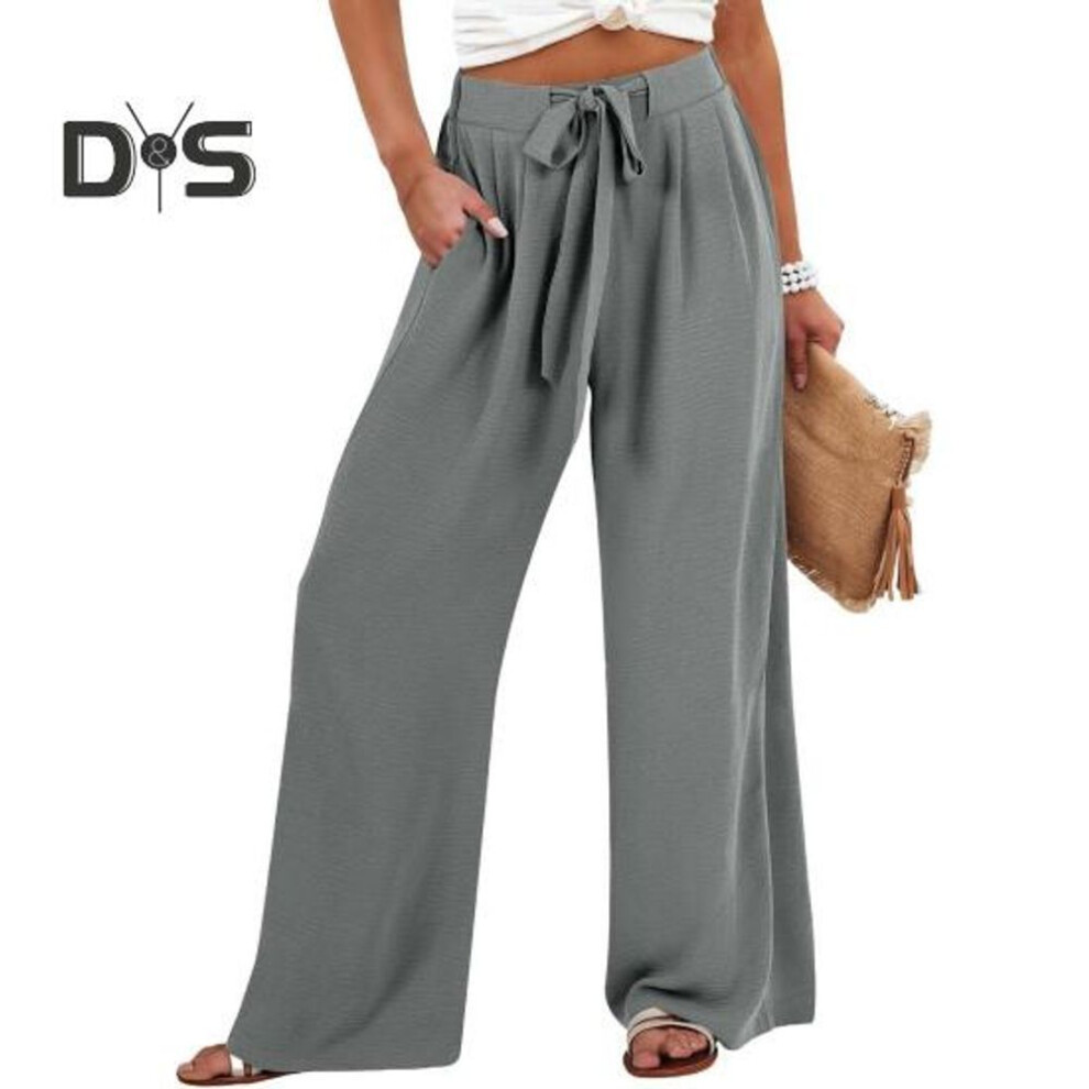 (grey, L) Women Pants Elastic Waist Casual Loose Fit Trousers With Pockets Solid Color Wide Leg Long Pants Work Leisure Wear