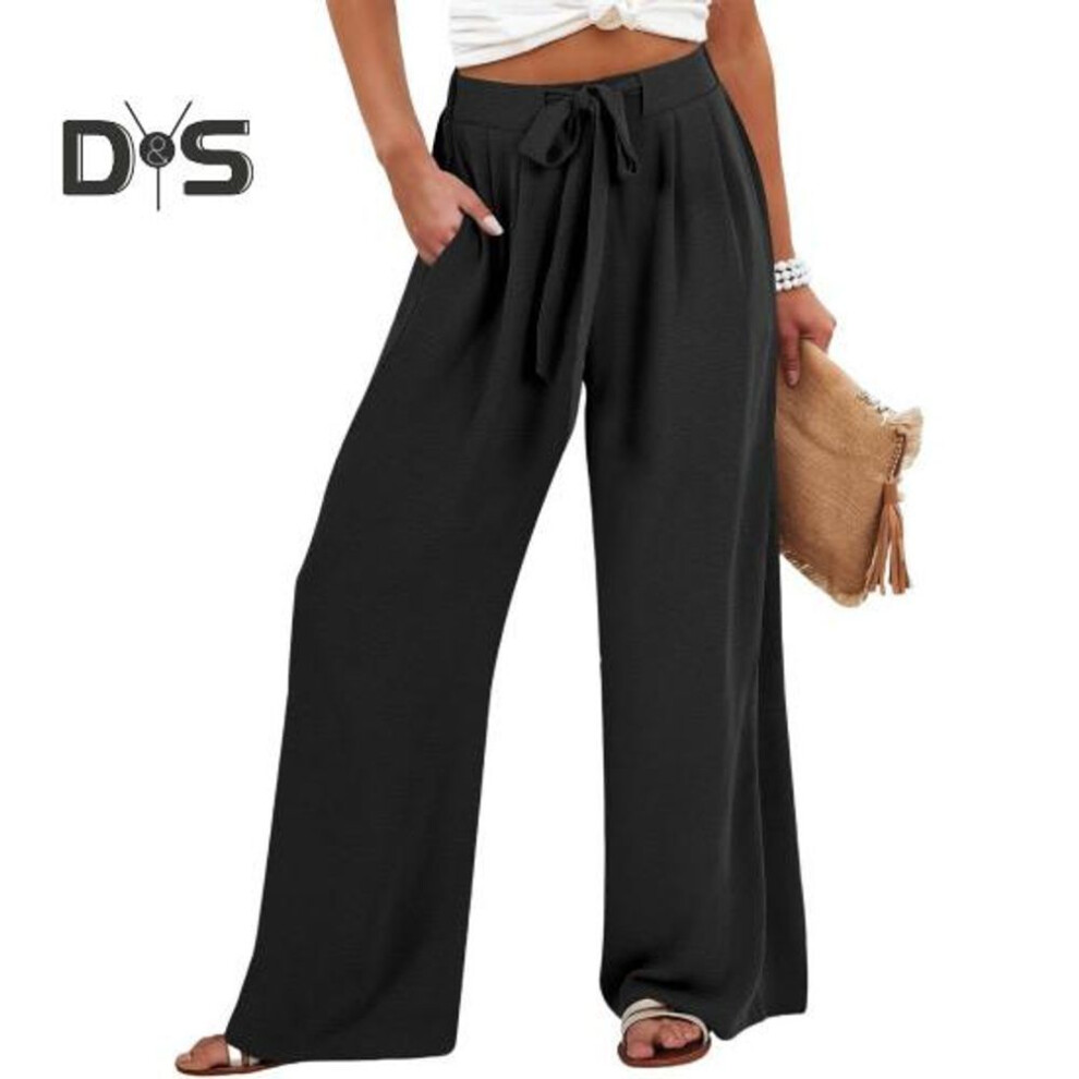 (black, M) Women Pants Elastic Waist Casual Loose Fit Trousers with Pockets Solid Color Wide Leg Long Pants Work Leisure Wear