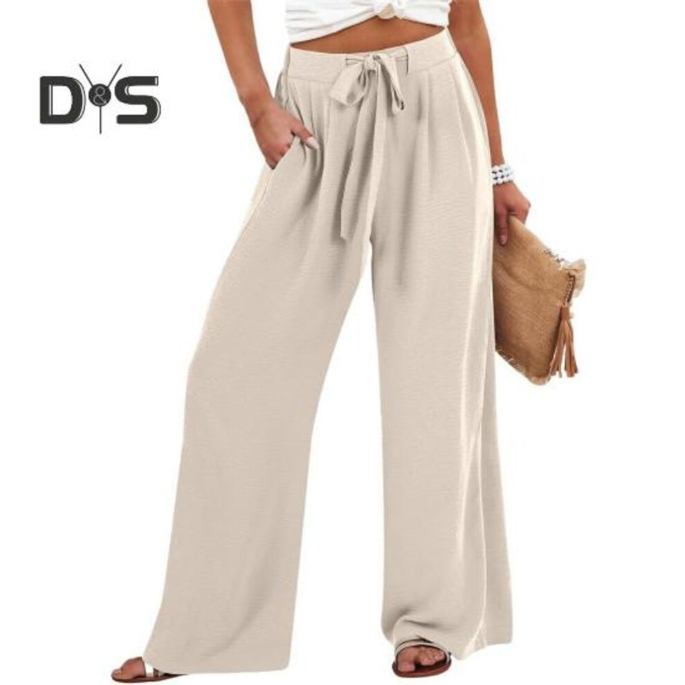 (beige, XXL) Women Pants Elastic Waist Casual Loose Fit Trousers With Pockets Solid Color Wide Leg Long Pants Work Leisure Wear