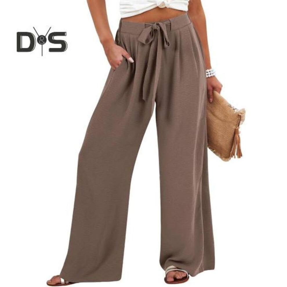 (coffee, M) Women Pants Elastic Waist Casual Loose Fit Trousers With Pockets Solid Color Wide Leg Long Pants Work Leisure Wear