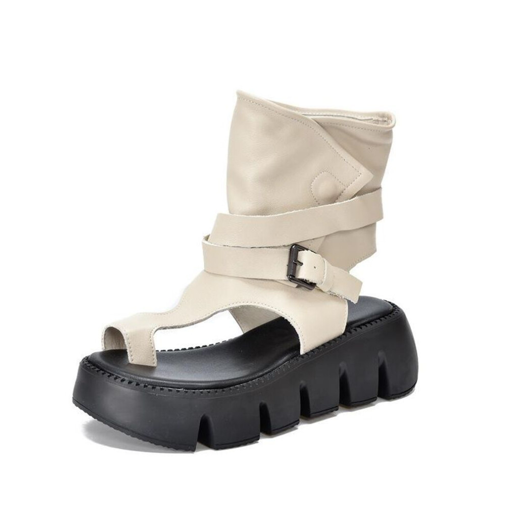 (beige, 38) Johnature Peep Toed Thick Soled Women's Sandals Genuine Leather Belt Buckle Roman Platform Shoes