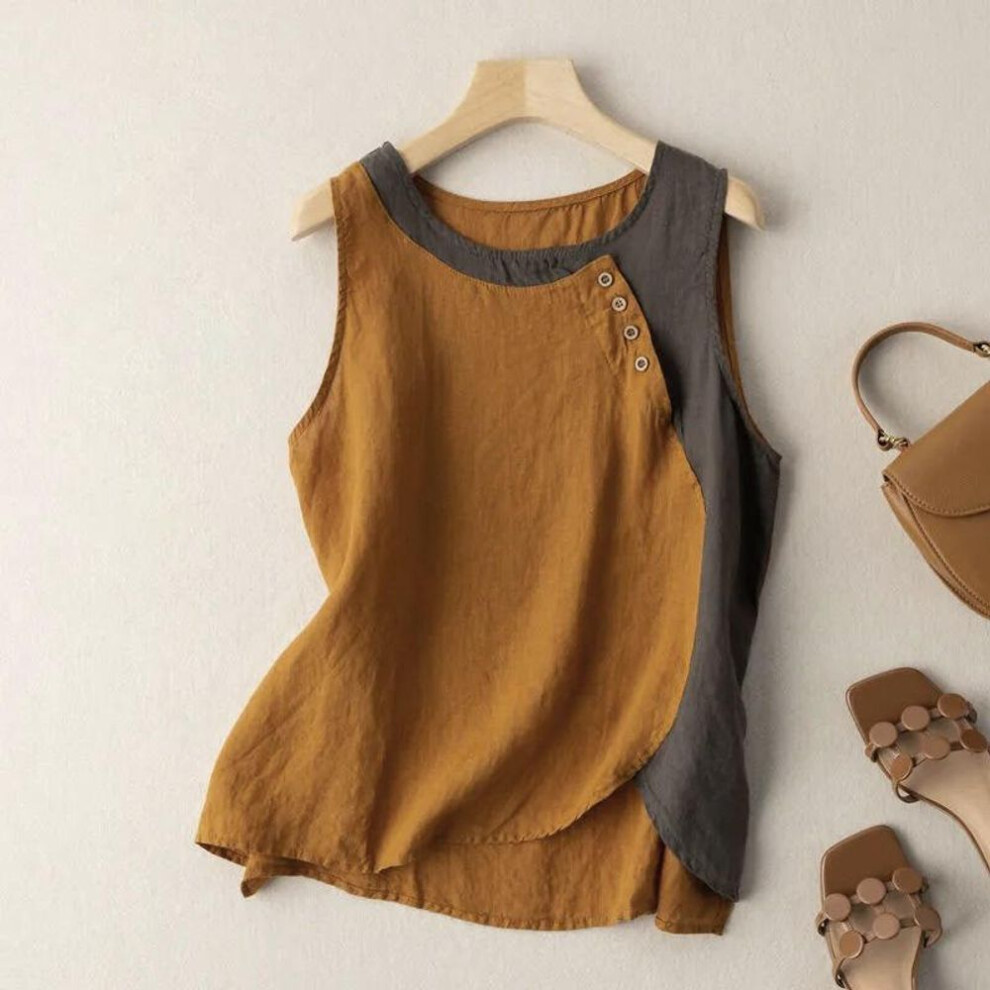 (M, orange) Sleeveless Vest Cotton Linen Casual O-Neck Cotton Linen Buttons Women's Blouse Shirt Korean Fashion Female Clothing Tops