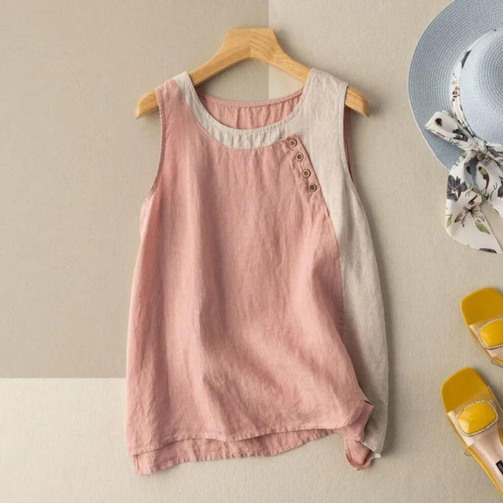 (M, pink) Sleeveless Vest Cotton Linen Casual O-neck Cotton Linen Buttons Women's Blouse Shirt Korean Fashion Female Clothing Tops