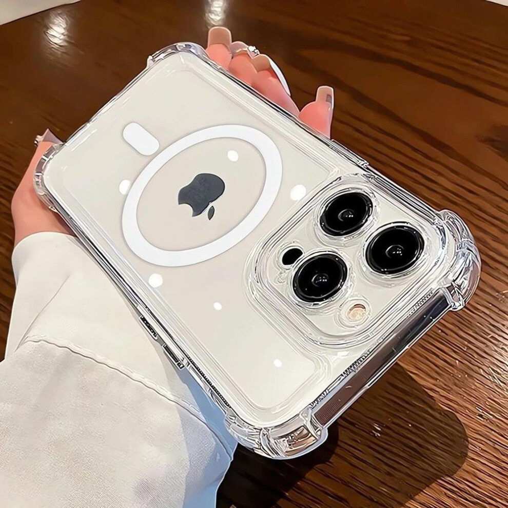 (white, iPhone 16 Pro) Luxury Clear Magnetic Wireless Charging Phone Case for iPhone 16 Pro Max 15 Plus 14 Pro 13 12 11 Shockproof Bumper Back Cover