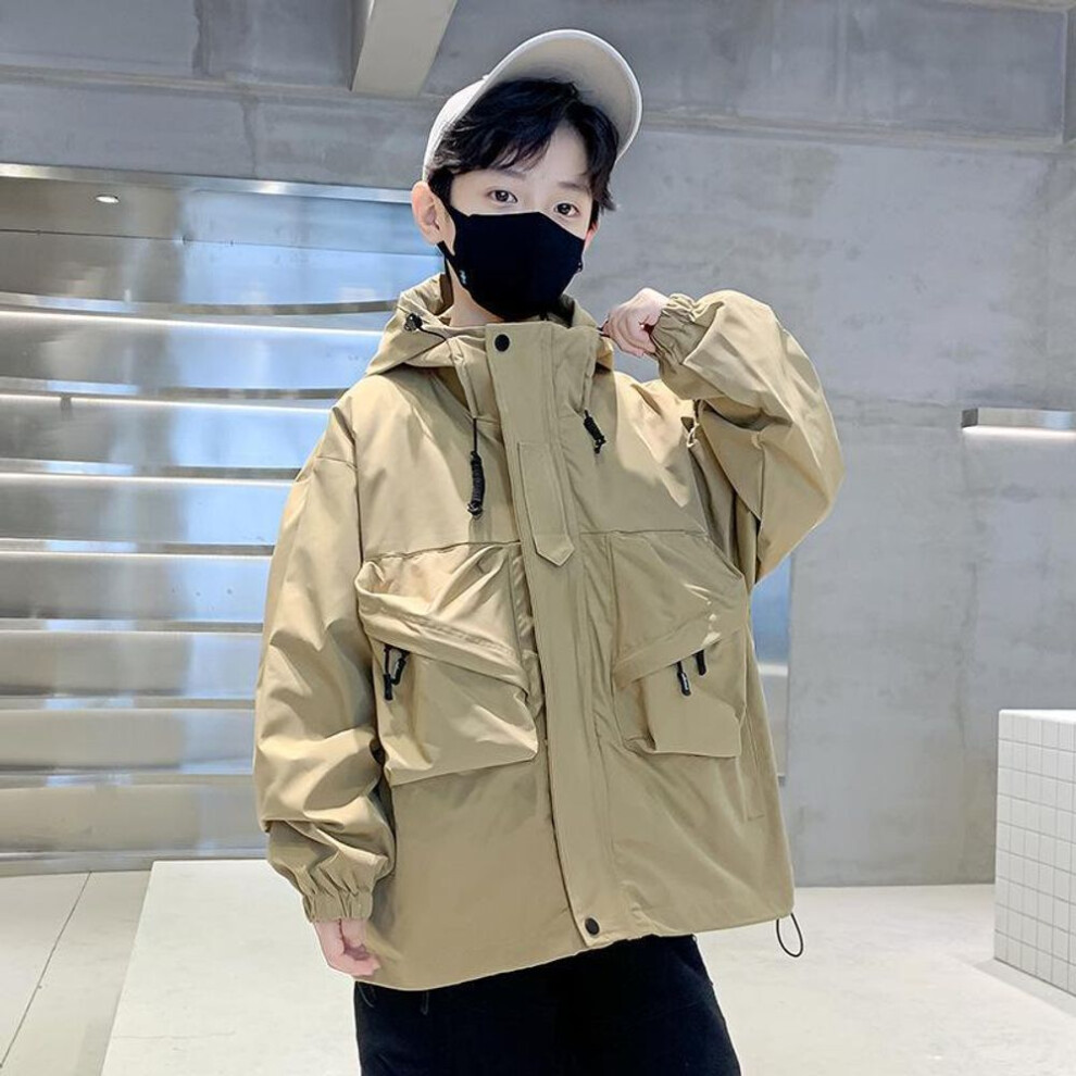 (khaki, 160cm) Boys' Spring Workwear Jacket 2024 - New Style For Medium To Large Children, Spring And Autumn.