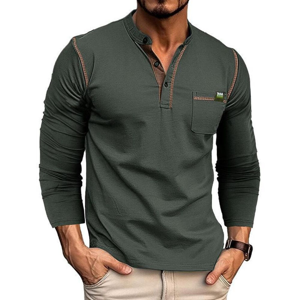 (dark gray, US size M) 2024 European & American Men's Color-block Long-sleeve Henley Shirt