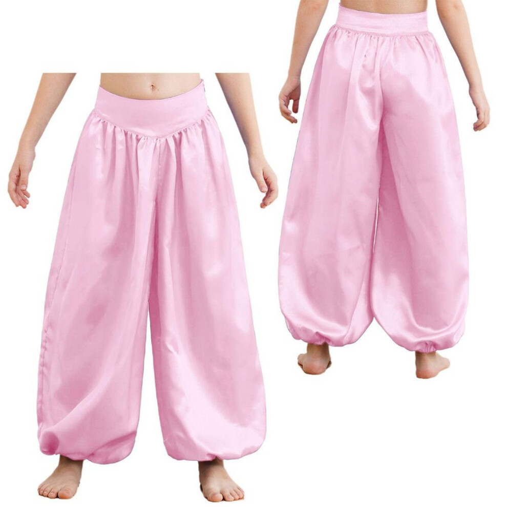 (pink, 5-6 Years) Kids Girls Satin Harem Pants Belly Dance Costume Tribal Arabic Princess Wide Leg Trousers Palazzo Pants
