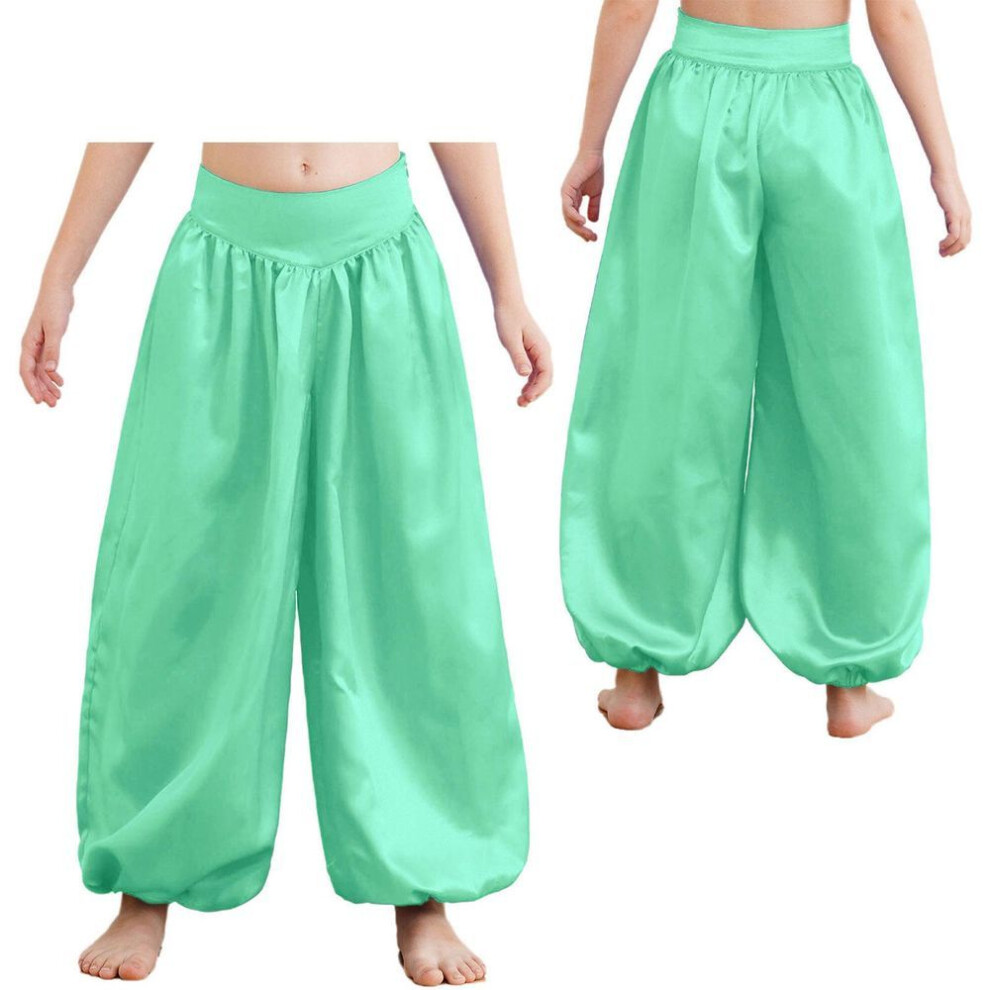 (light blue, 7-8 Years) Kids Girls Satin Harem Pants Belly Dance Costume Tribal Arabic Princess Wide Leg Trousers Palazzo Pants