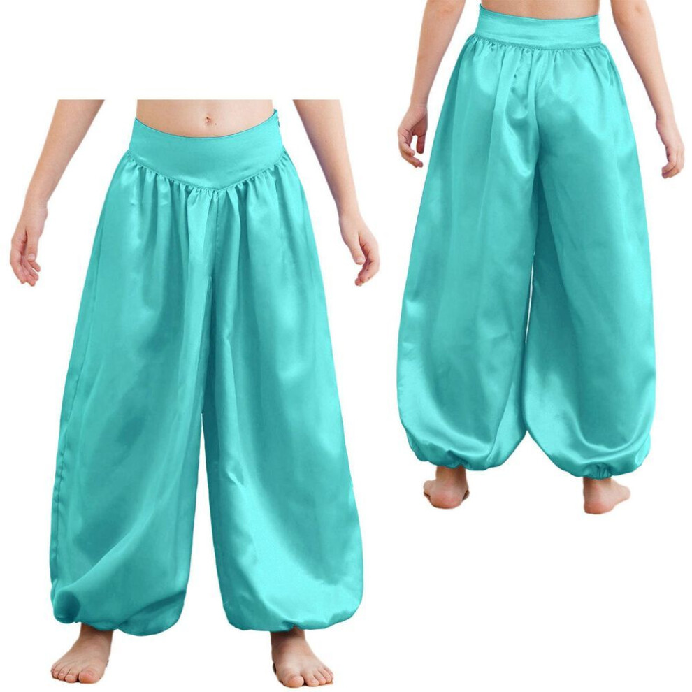 (light green, 7-8 Years) Kids Girls Satin Harem Pants Belly Dance Costume Tribal Arabic Princess Wide Leg Trousers Palazzo Pants