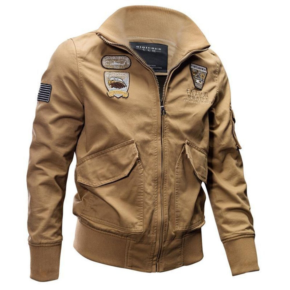 (khaki, L) Men's Pure Cotton Stand Collar Jacket - 2024 Spring/autumn Casual Military Style