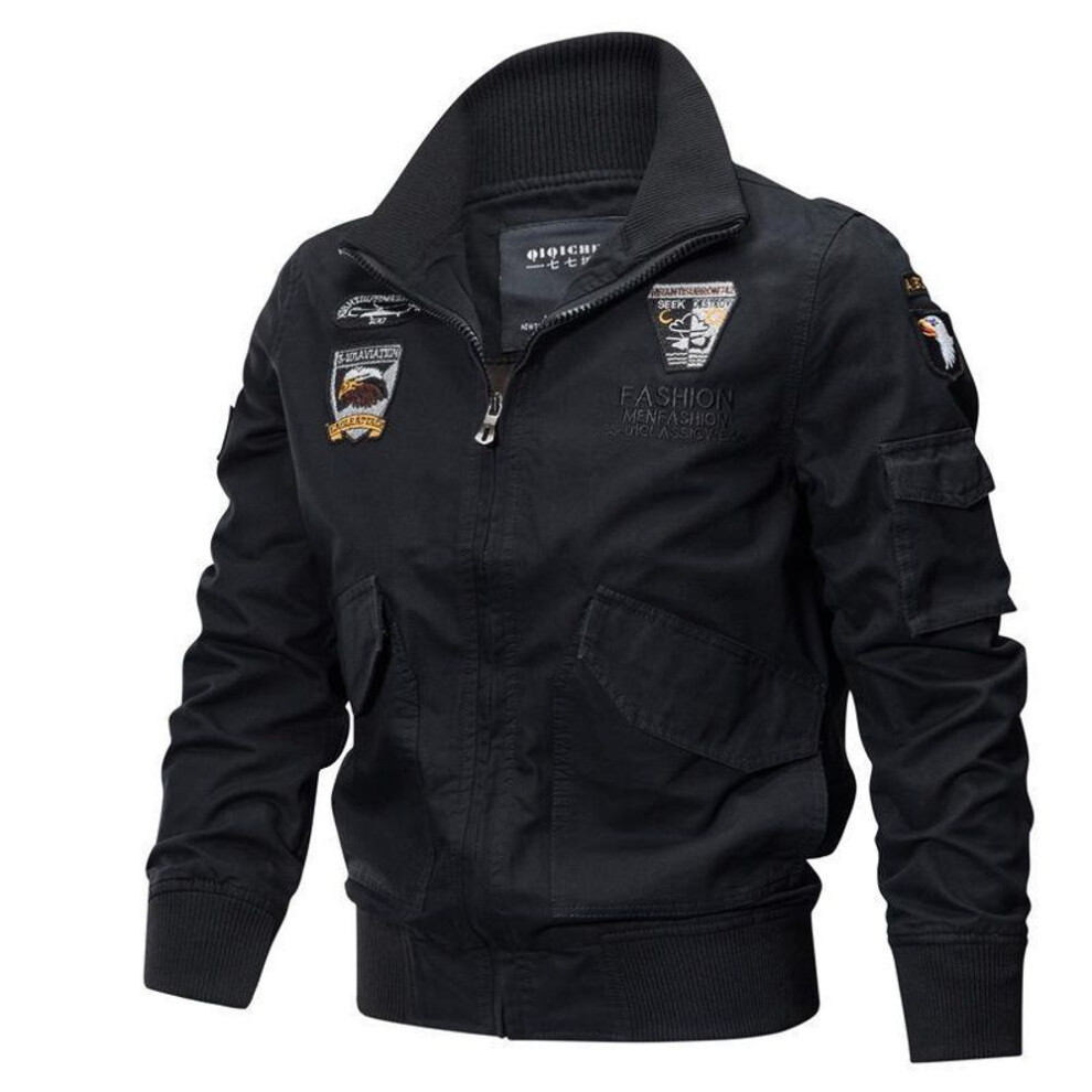 (black, M) Men's Pure Cotton Stand Collar Jacket - 2024 Spring/autumn Casual Military Style