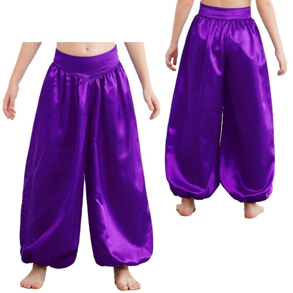 (purple, 9-10 Years) Kids Girls Belly Dance Pants Bloomers Satin Harem Pants Loose Casual Baggy Pants Trousers Halloween Arabic Lantern Pants