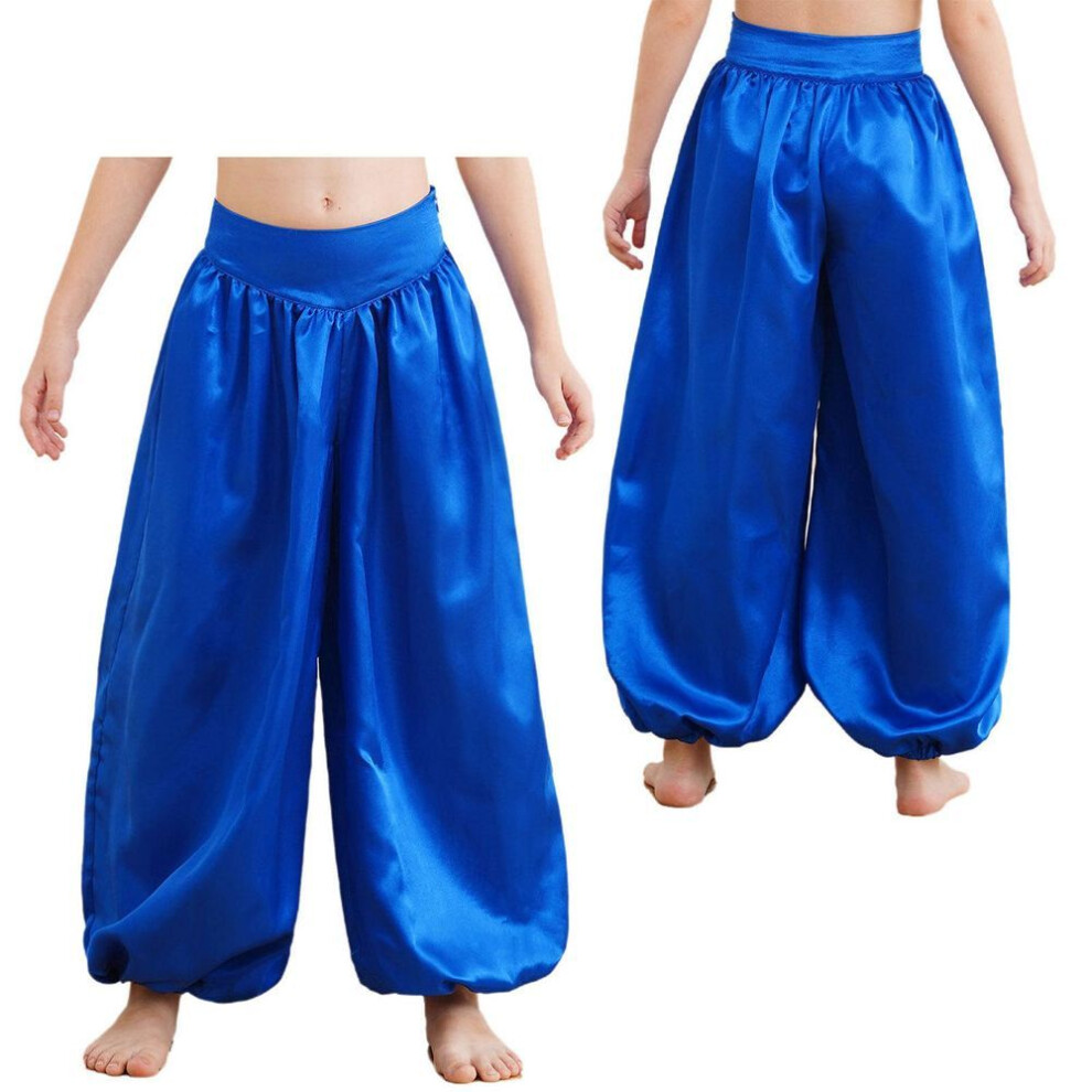 (blue, 11-12 Years) Kids Girls Belly Dance Pants Bloomers Satin Harem Pants Loose Casual Baggy Pants Trousers Halloween Arabic Lantern Pants