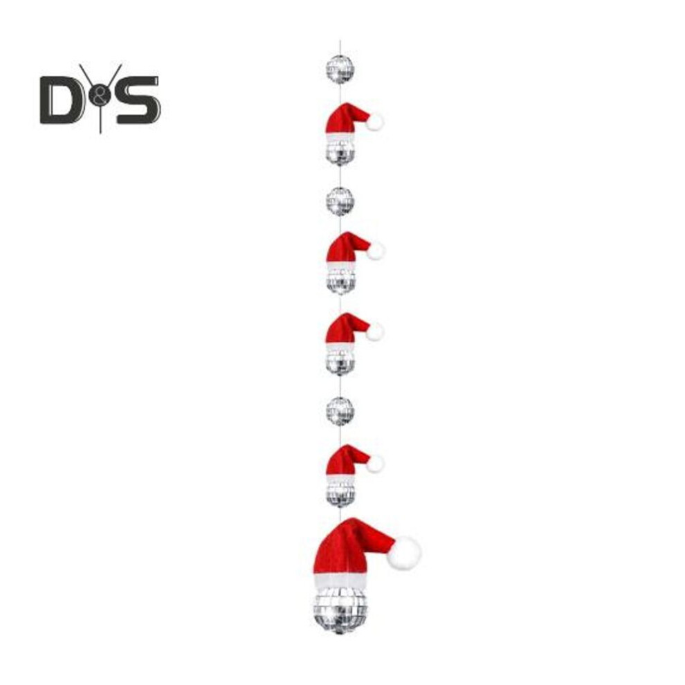 1 String Christmas Hanging Disco Ball Decorations Reflective Mirror Disco Ball Ornaments With Mini Santa Hats Xmas Tree Party Decor