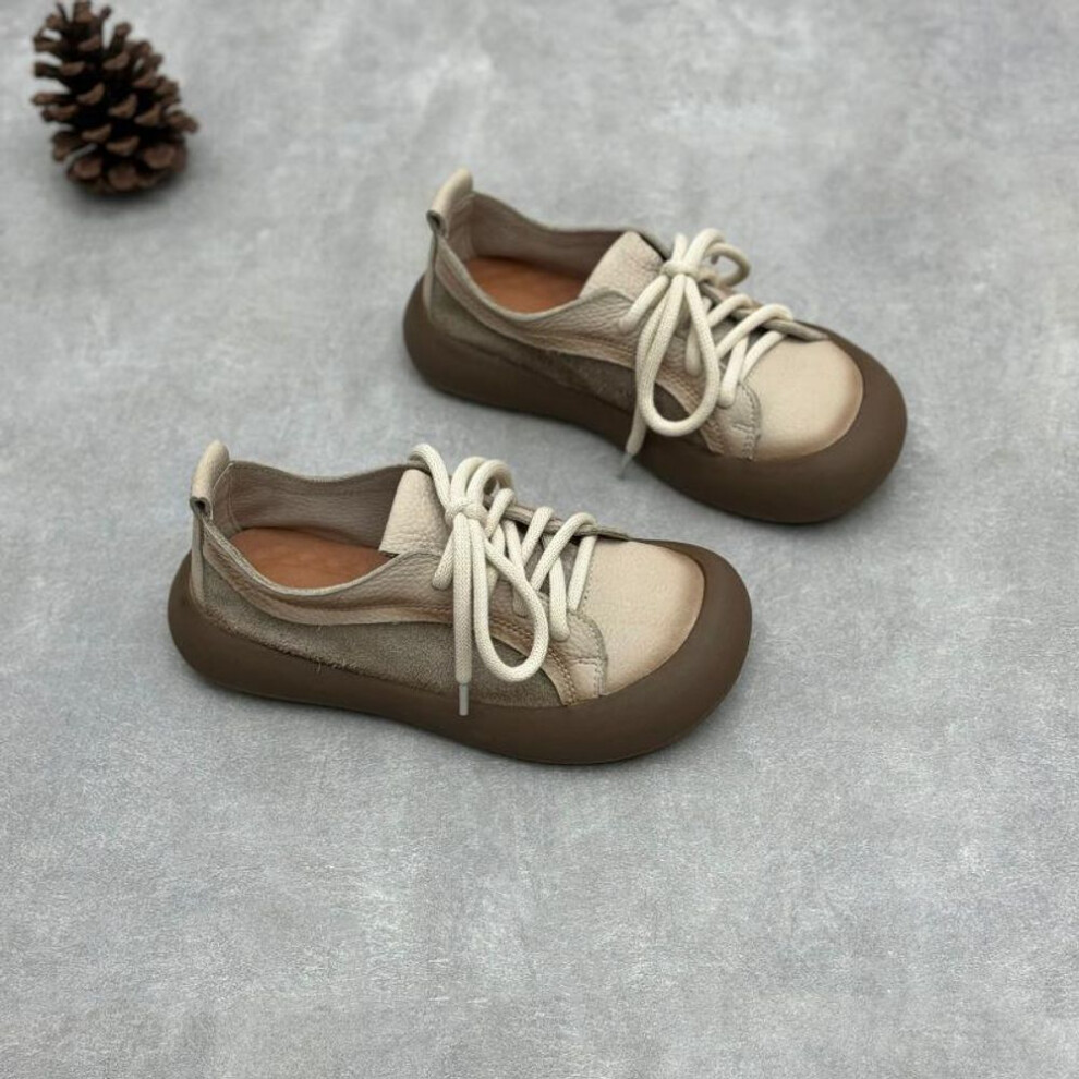 (beige, 39) Johnature Retro Genuine Leather Lace Up Women's Shoes Casual Round Toe Cowhide Flats