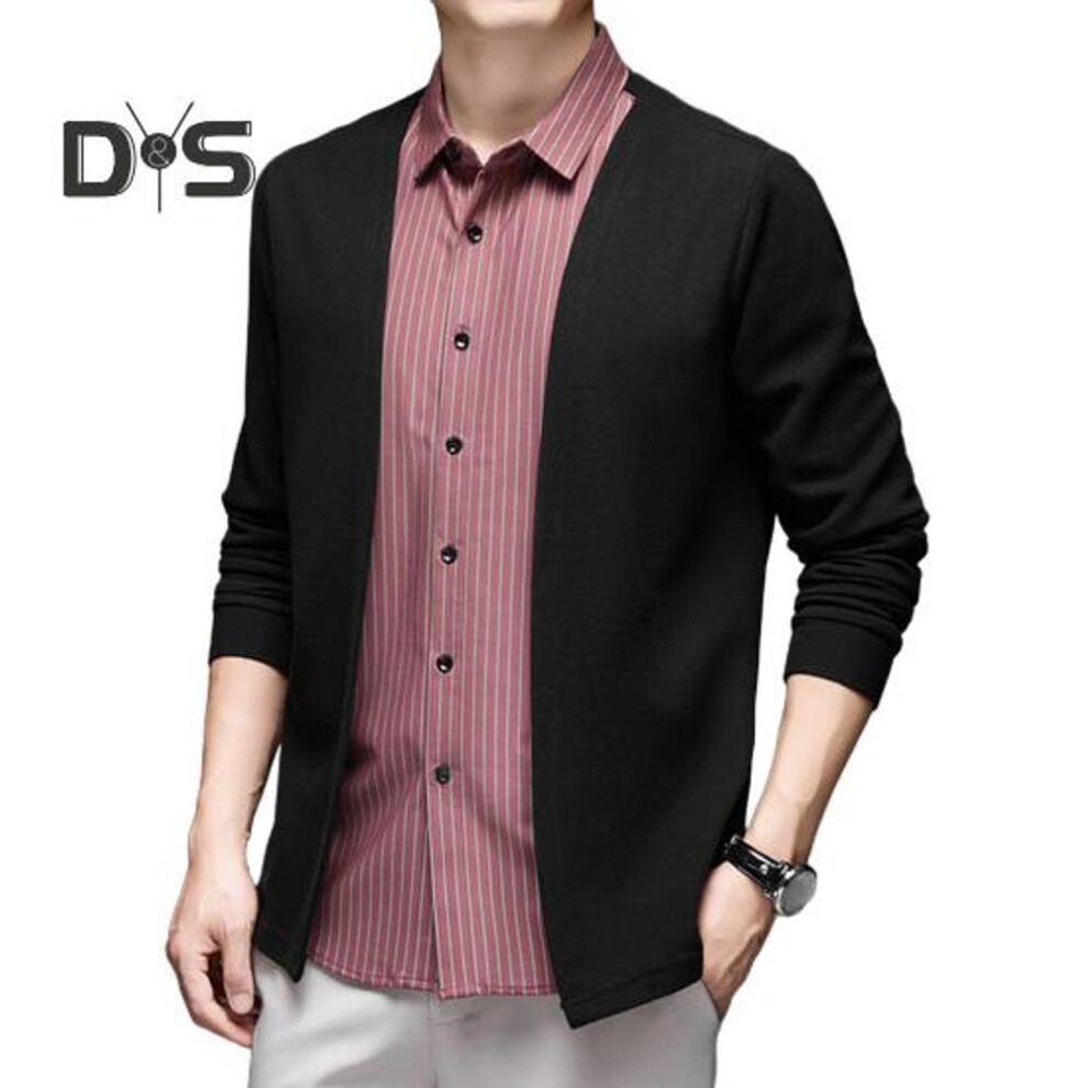 (red, 3XL) Men Shirt Fake Two-piece Cardigan Turn-down Collar Single-breasted Striped Long Sleeves Color Matching Knitted Formal Business Style Top
