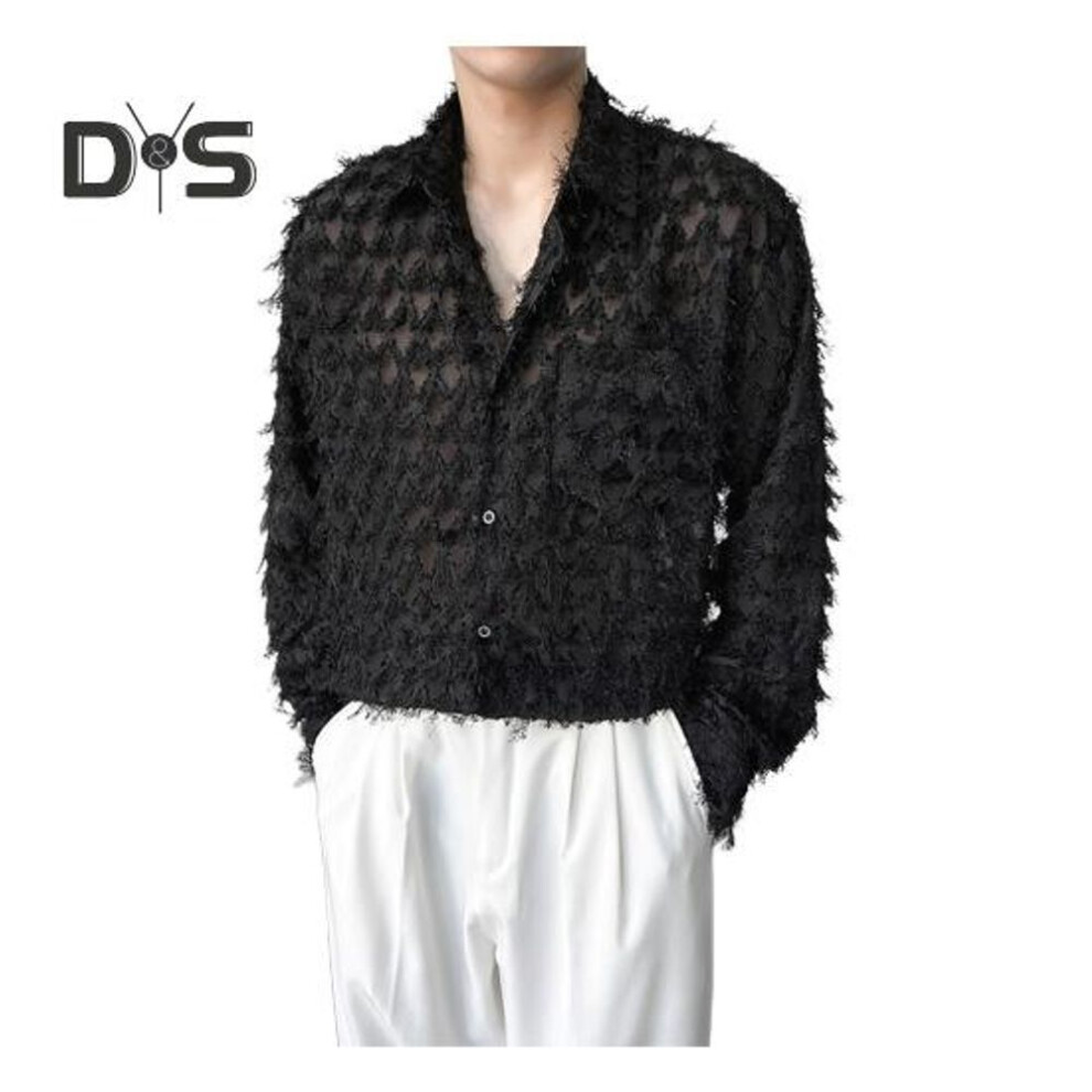 (M, black) Men Shirt with Breat Pocket And Tassel Decor Turn-down Collar Single-breasted Long Sleeves Solid Color Holiday Christmas Party Club Top