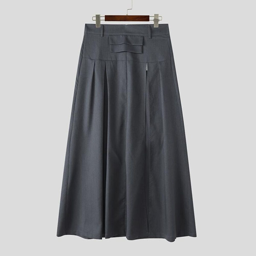 (dark gray, 4XL) Incerun Men High Wasit Zip-up Long Pleated Casual Splits Swing Kilt Skirts