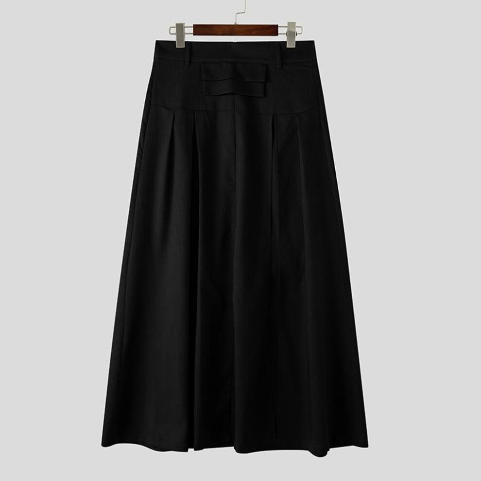 (black, S) INCERUN Men High Wasit Zip-Up Long Pleated Casual Splits Swing Kilt Skirts