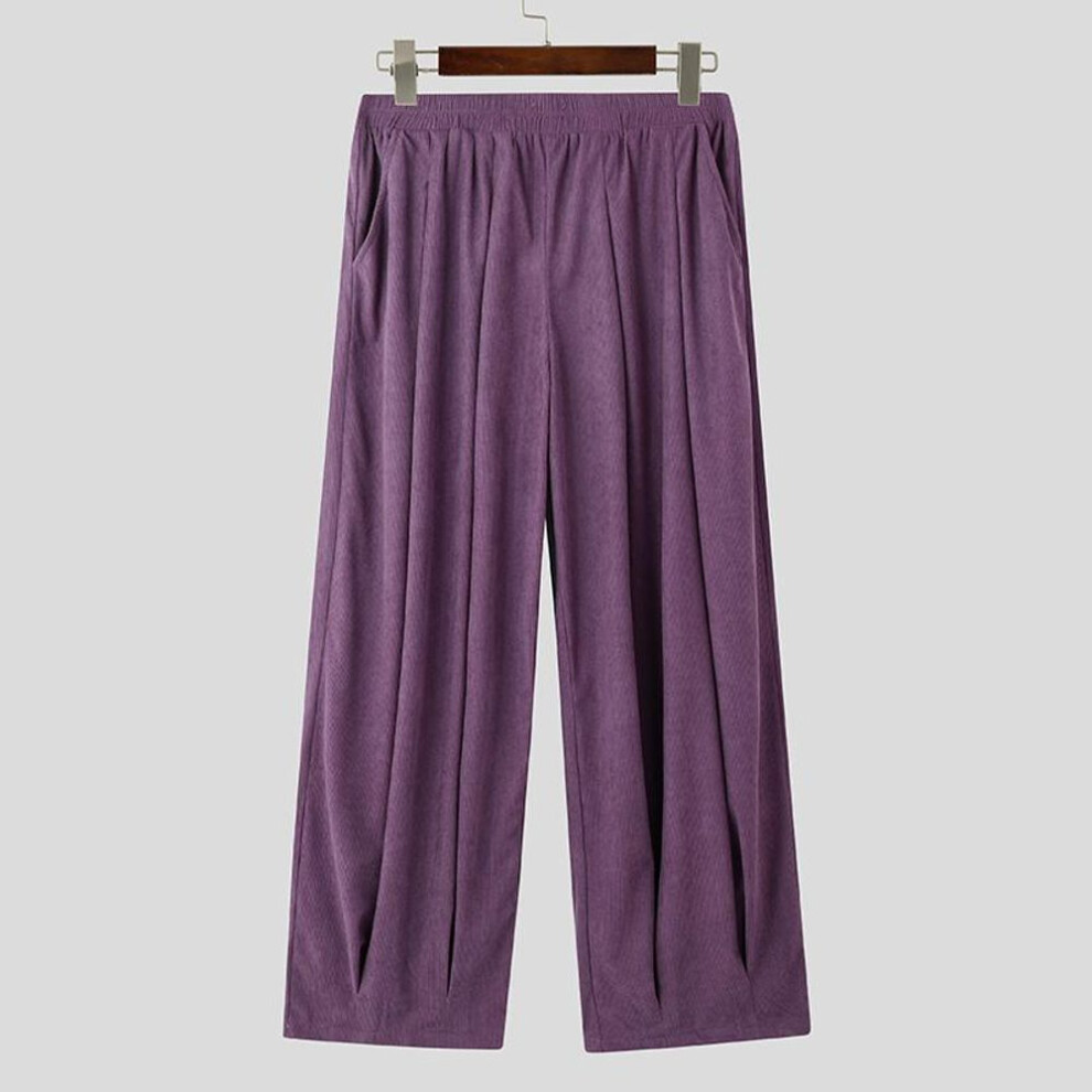 (purple, S) Incerun Men Elastic Waist Corduroy Casual Solid Color Drop-crotch Pants Lantern Trousers