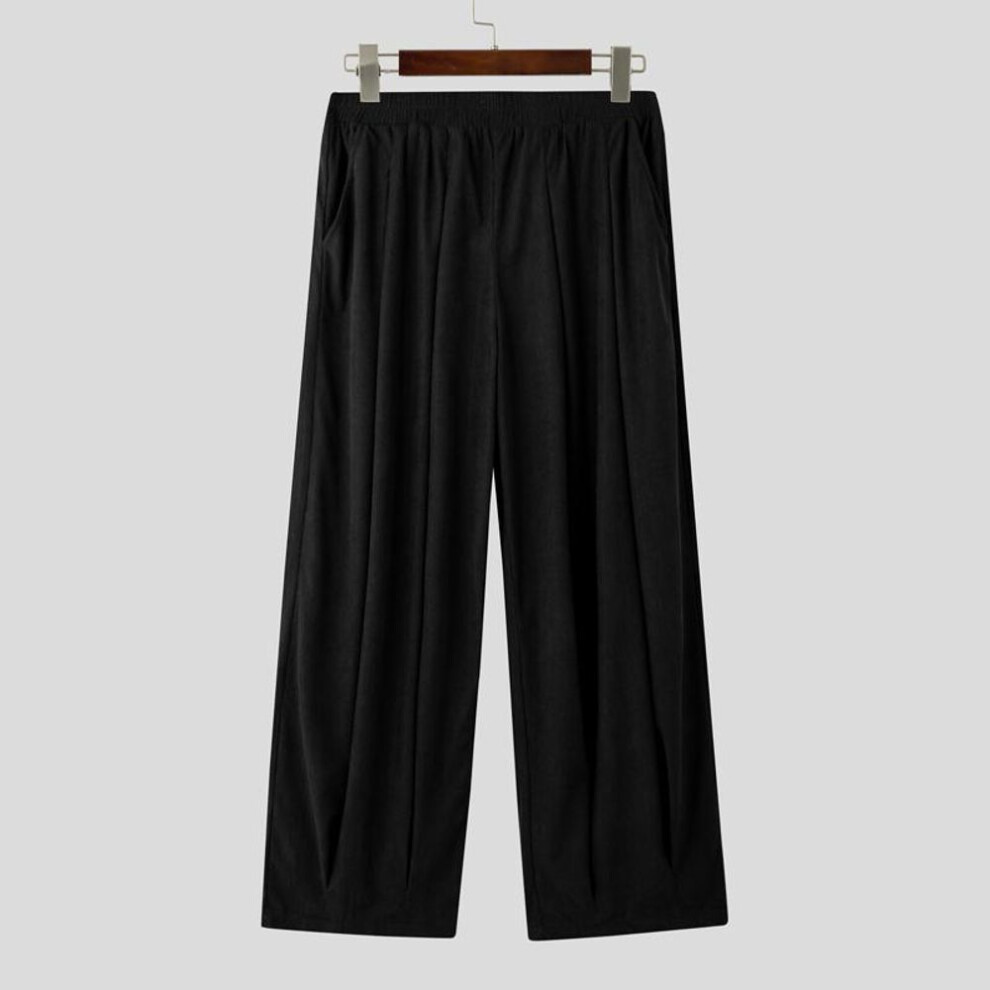 (black, XL) Incerun Men Elastic Waist Corduroy Casual Solid Color Drop-crotch Pants Lantern Trousers