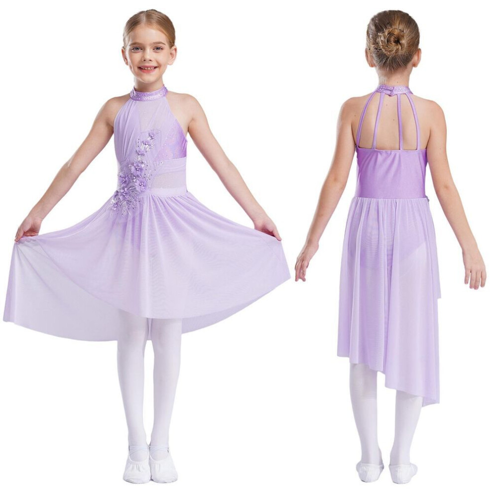 (light purple, 9-10 Years) Girls Lyrical Dance Dress Figure Skating Costume Contemporary Dancewear Applique High-low Chiffon Splice Skirted Ballet Dresses