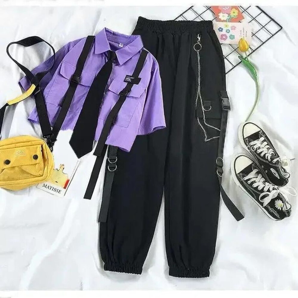 (purple, XL) Women's Cargo Pants Set for Summer Dark Gothic Style Belted Short-Sleeved Shirt + Black Chain-Linked Jogger Pants Two-Piece Set