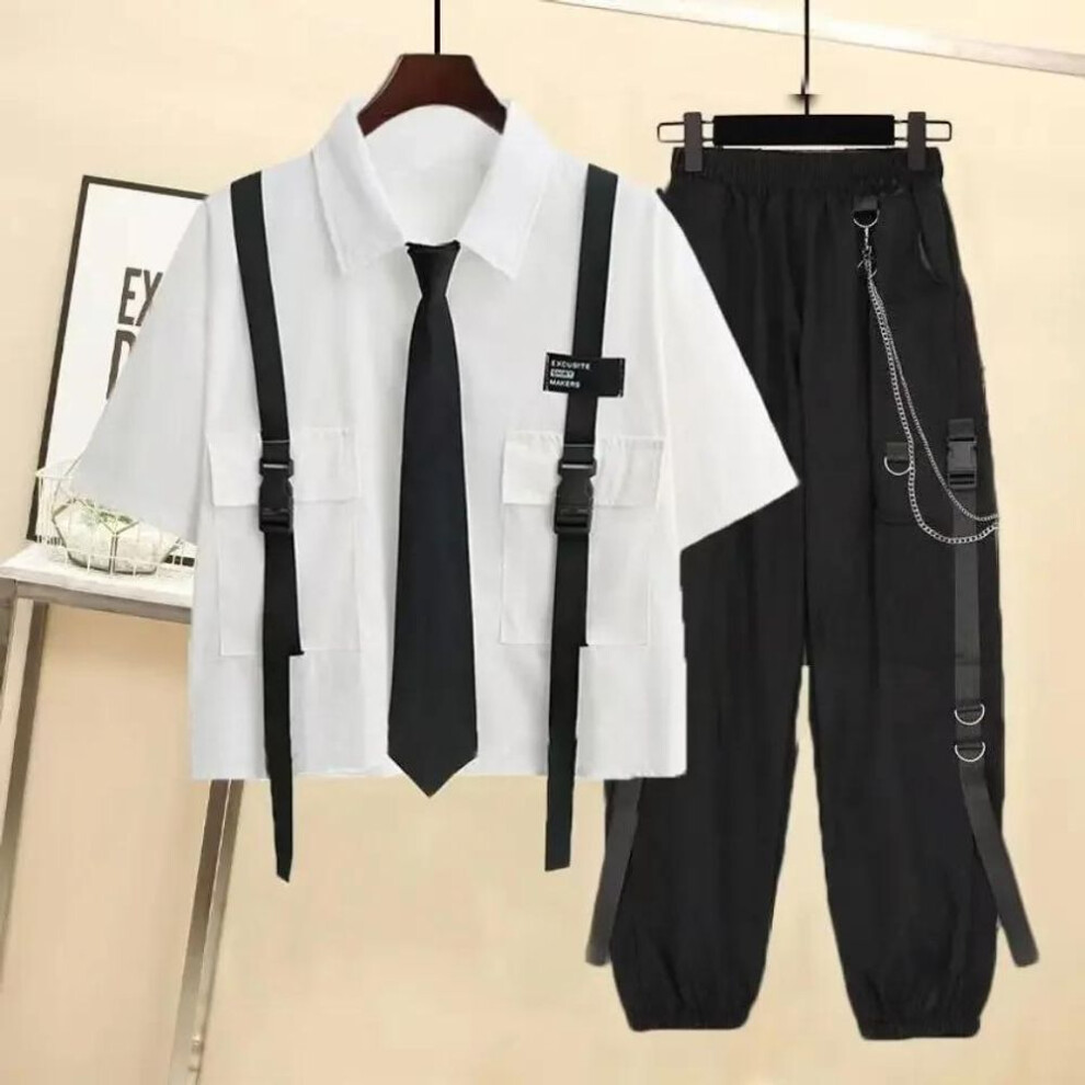 (white, S) Women's Cargo Pants Set for Summer Dark Gothic Style Belted Short-Sleeved Shirt + Black Chain-Linked Jogger Pants Two-Piece Set