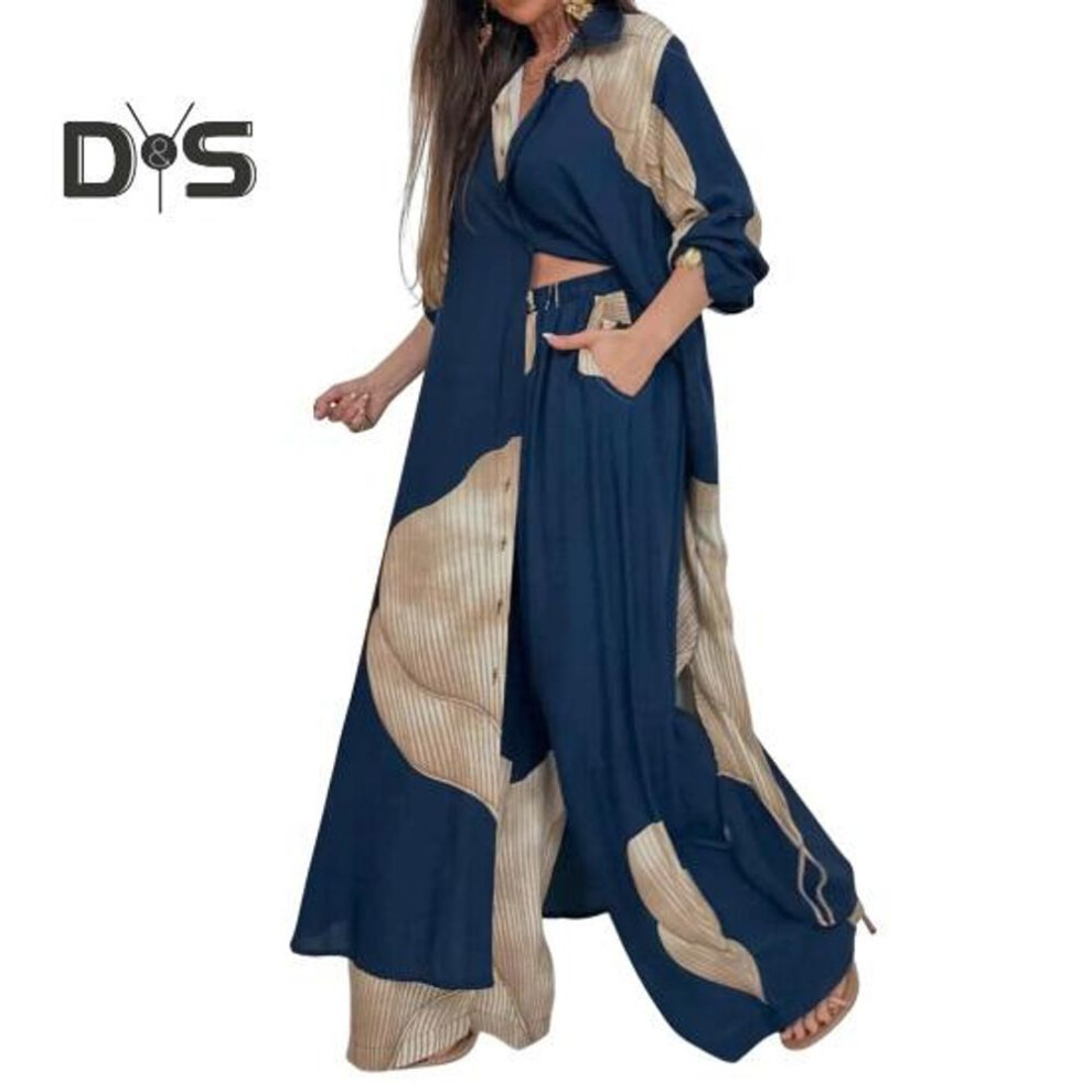 (blue, L) Women V-neck Patchwork Printed Top And Pants Suit Contrasting Color Commuting Set Wide-leg Trousers And Extra-length Top Loose Fit Outfit For Various