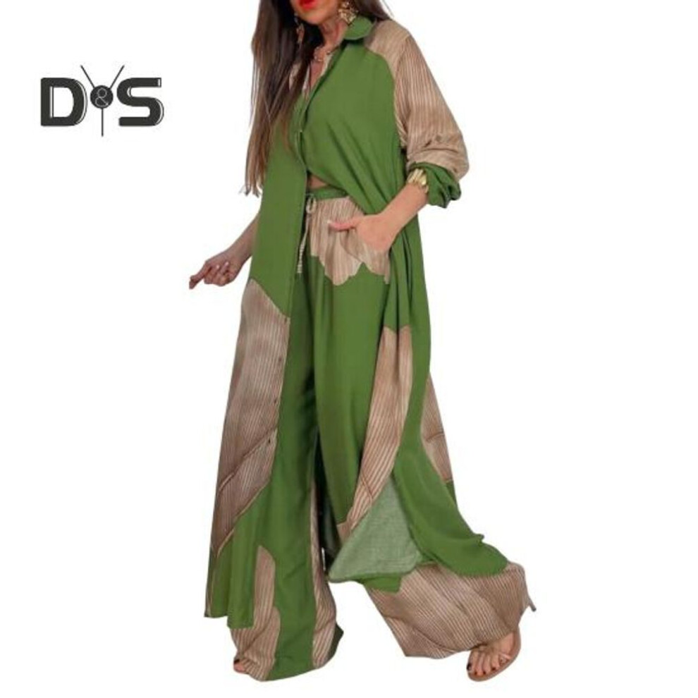 (green, XL) Women V-neck Patchwork Printed Top And Pants Suit Contrasting Color Commuting Set Wide-leg Trousers And Extra-length Top Loose Fit Outfit for Various