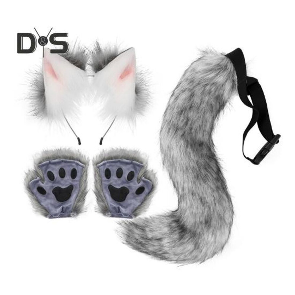 (dark gray) Faux Fur Animal Costume Accessories Handmade Cat Ear Hairband Fox Tail Claw Gloves Kit For Anime Cosplay Party School Performance