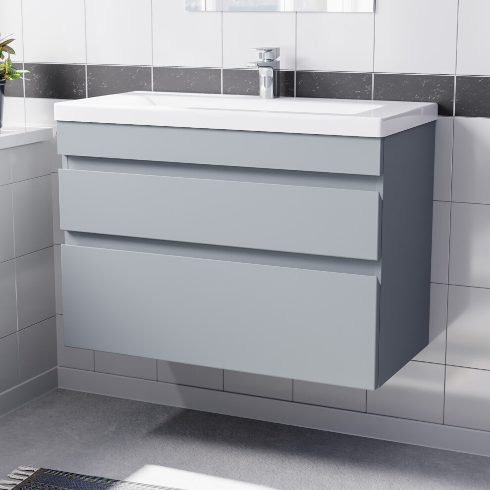 Nes Home Wall Hung Matte Grey 800mm PVC 2 Drawers Vanity Unit & Basin Sink
