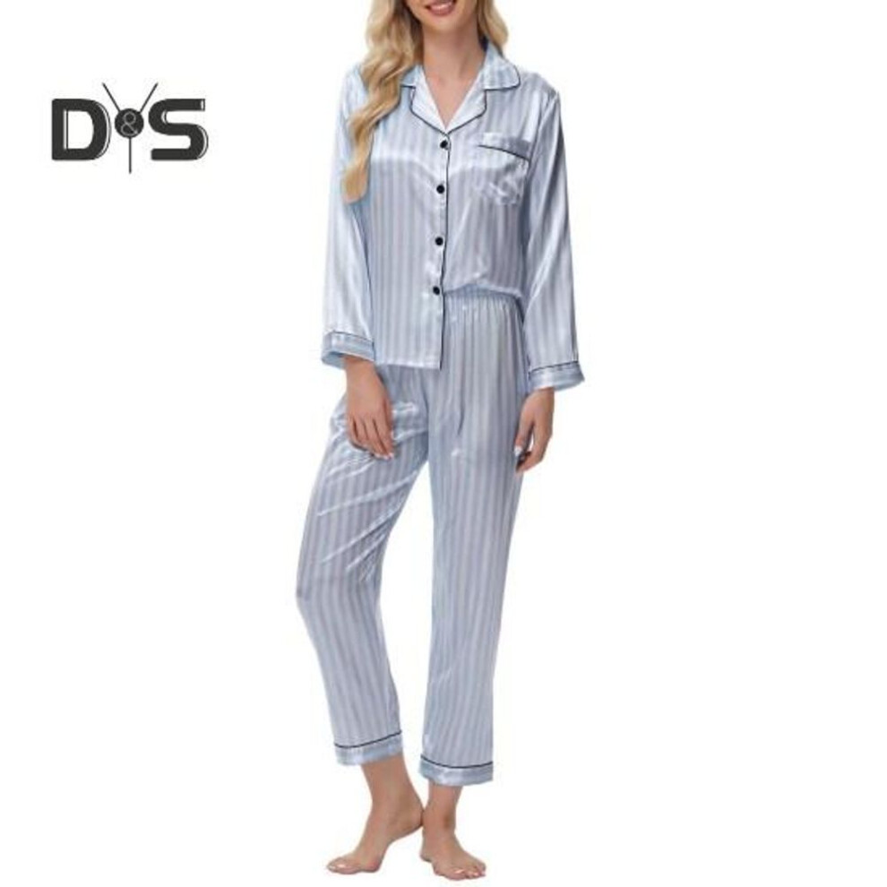 (L, blue) 2Pcs Women Silk Satin Pajama Set Lapel Button Down Tops & Pants Set Stripe Loose Sleep Shirt & Elastic Waist Pants Loungewear Outfit