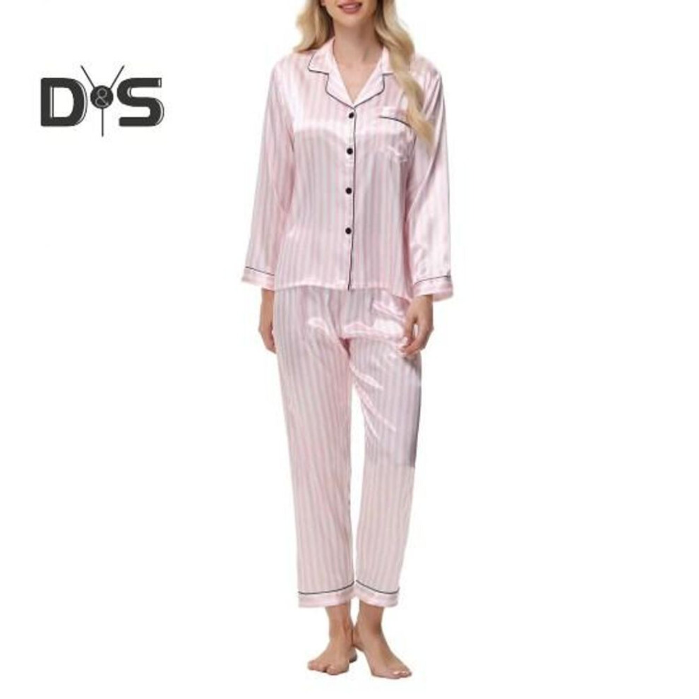 (XXL, pink) 2Pcs Women Silk Satin Pajama Set Lapel Button Down Tops & Pants Set Stripe Loose Sleep Shirt & Elastic Waist Pants Loungewear Outfit