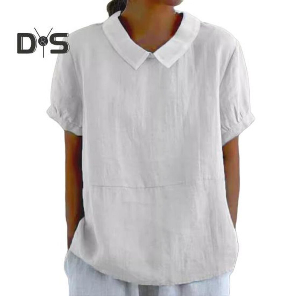 (L, white) Women Casual Shirt Turned Collar Short Sleeve Solid Color Loose Fit Tee Shirt Summer Tee Shirt Daily Wear