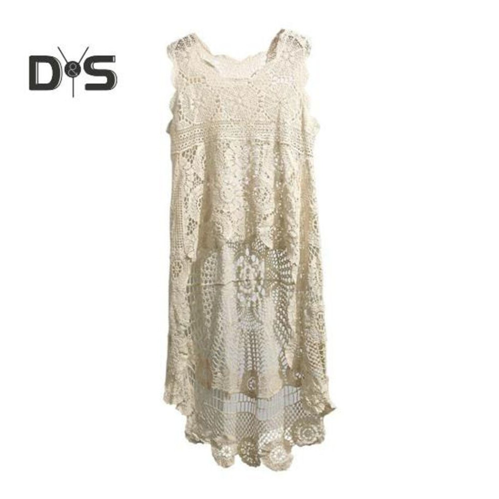 (apricot) Summer Women Vest Hollow Lace Sleeveless O Neck Solid Color Irregular Hem Short Front And Long Back Retro Loose Pullover Casual Tank Top