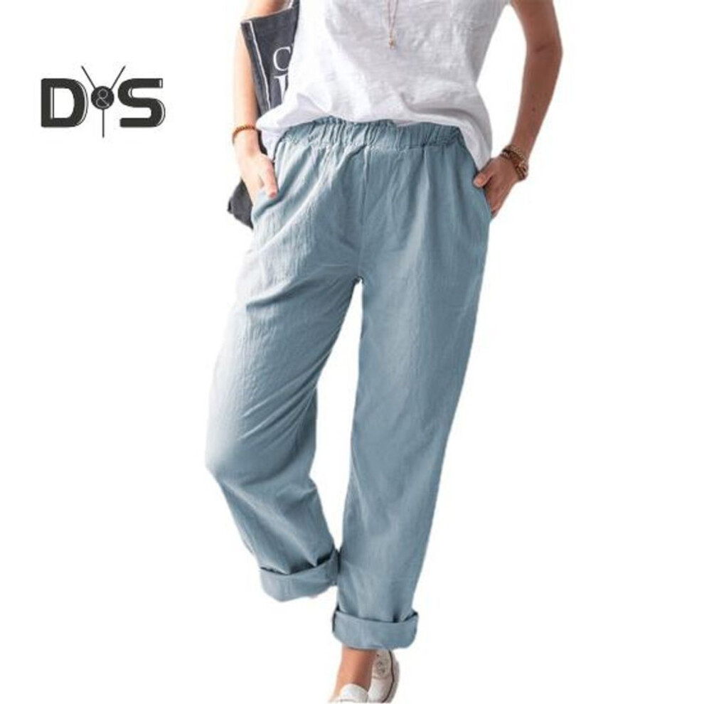 (blue, XL) Women Pants Elastic High Waist Straight Leg Long Trousers With Pockets Solid Color Loose Fit Casual Pants Streetwear