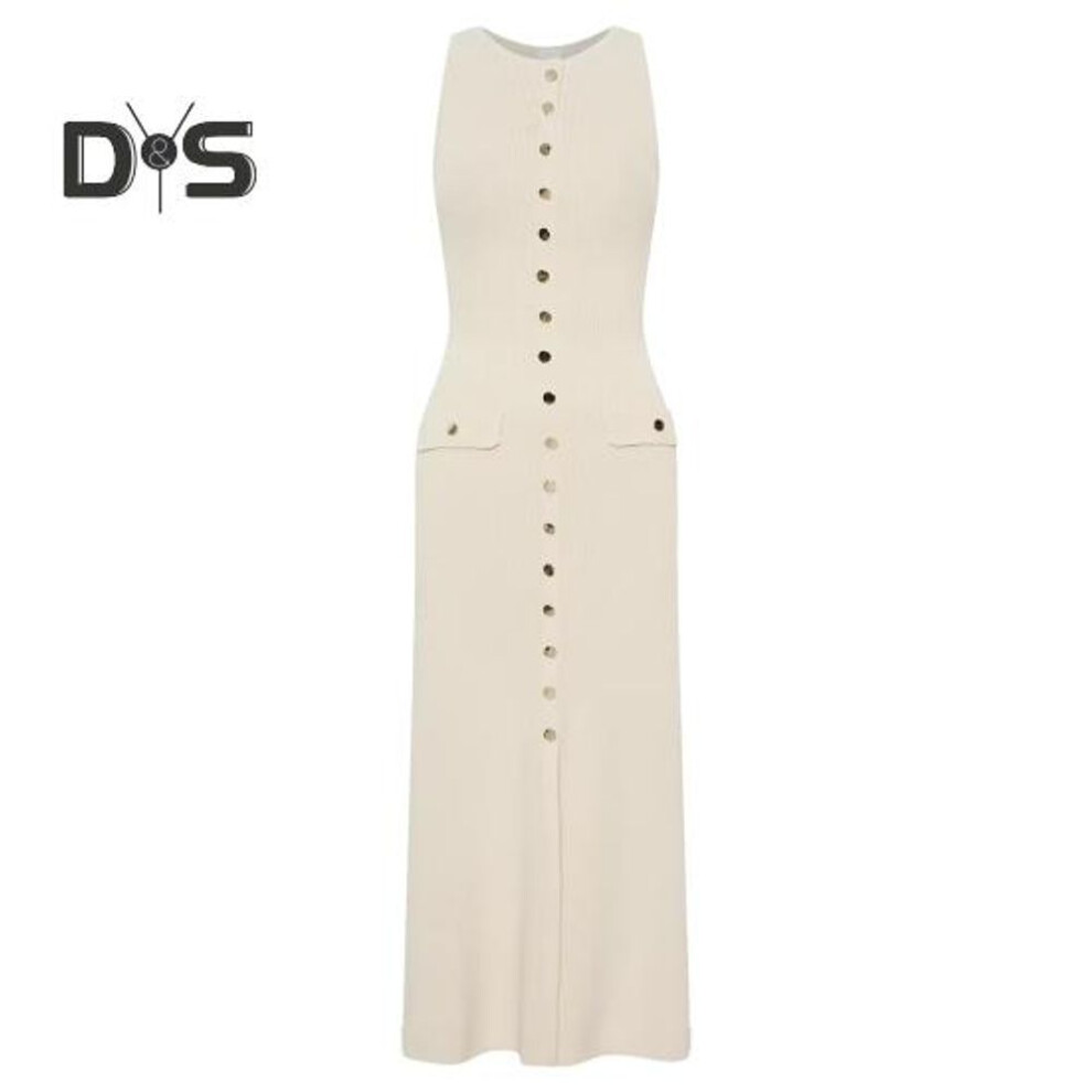 (apricot, M) Summer Women Dress Knitted Sheath Slim Fit Solid Color Round Neck Elastic Sleeveless Single-breasted Buttons Mid-calf Length Midi Dress